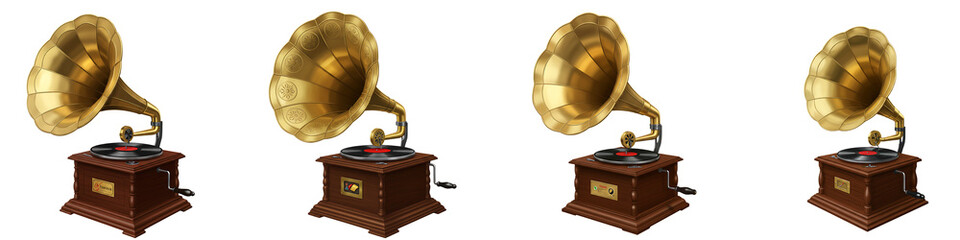 Vintage Gramophone with Golden Horn On Transparent Background