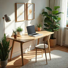Bright modern home office interior. Wood desk, laptop, many green plants. Sunlight shines, creating warm atmosphere. Clean contemporary workspace for remote work, study, online learning, creative
