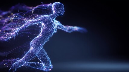 Ethereal digital figure composed of glowing particles in motion, representing energy and vitality, set against a dark background, embodying the concept of digital transformation and innovation