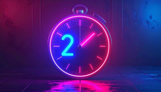 A vibrant 3D rendering of a neon-lit stopwatch displays two minutes, set against a textured, modern backdrop with cool hues