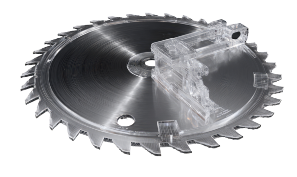 Close-up of a circular saw blade, with a transparent attachment.  The blade's teeth are sharp and clearly defined, and a transparent mechanical part is visible, attached to the blade.