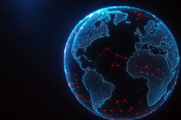 Abstract futuristic holographic globe with glowing neon digital lines. AI-inspired global network visualization, cyber data flow, and technology innovation design