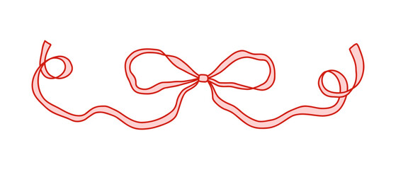 Coquette whimsical pink bow with flowing curly ribbon and red outline. Feminine romantic design for Valentines Day, Christmas, cards, packaging, scrapbooking, invitations, and branding.