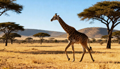 Obraz premium a giraffe (giraffa camelopardalis) walks alone across the dry savanna in africa