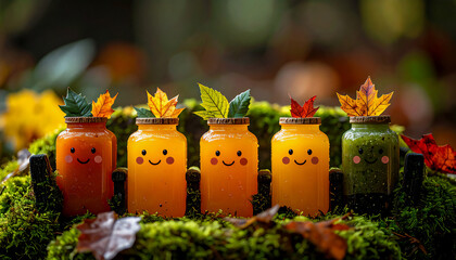 Obstsaft in Glasbeh&auml;ltern mit aufgemalten lachenden Gesichtern und am Verschlussdeckel mit Herbstlaub dekoriert, Freifl&auml;che