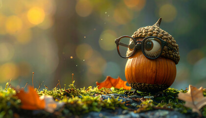 eine Eichel mit gro&szlig;er Brille und strahlenden Augen sitzt auf einem Untergrund aus Moos Hintergrund Freifl&auml;che