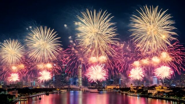 Colorful fireworks explode over a city skyline at night, showcasing a spectacular display of pyrotechnics.