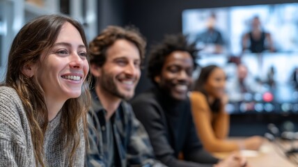 Fototapeta premium Group of diverse individuals engaged in a video conference, smiling and sharing ideas, with a large screen displaying participants in a modern office setting
