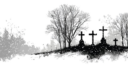Obraz premium Eerie Snowy Cemetery Scene in Grunge Black and White