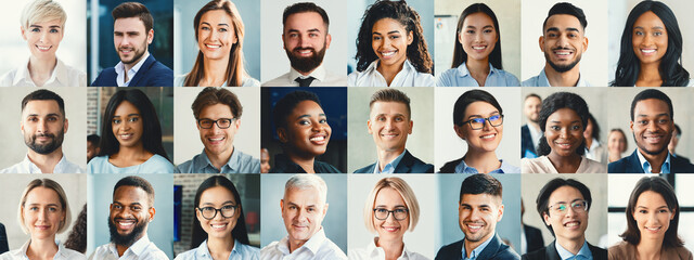 Obraz premium A collage of portraits features a diverse group of men and women in professional attire, showcasing various expressions. All are engaged in a business setting.