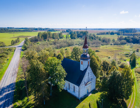 Sangaste Church. Aerial drone view of St. Andrew Church in Sangaste, Valga county, Estonia