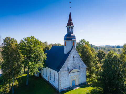 Sangaste Church. Aerial drone view of St. Andrew Church in Sangaste, Valga county, Estonia