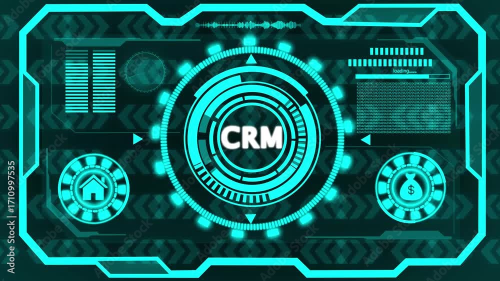 Wall mural vertical neon crm icon with digital binary code background in red and pink tones customer relationsh