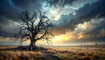 Vast, dramatic sunset over barren landscape