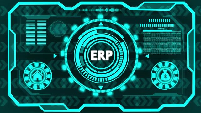 ERP Acronym In Neon Blue Circle With Business Icons And Digital Binary Code Background enterprise resource planning