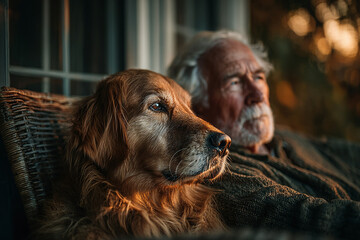 Golden hour comfort captured in porch scene with man and dog sharing silence and love