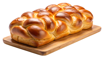 Braided challah bread on wooden board isolated on transparent background, a delicious and traditional treat, perfect for sharing with family and friends
