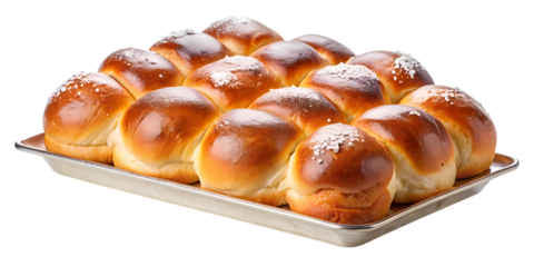 Sweet roll on a metal tray isolated on transparent background the rolls are golden brown and sprinkled with sugar, making them look delicious