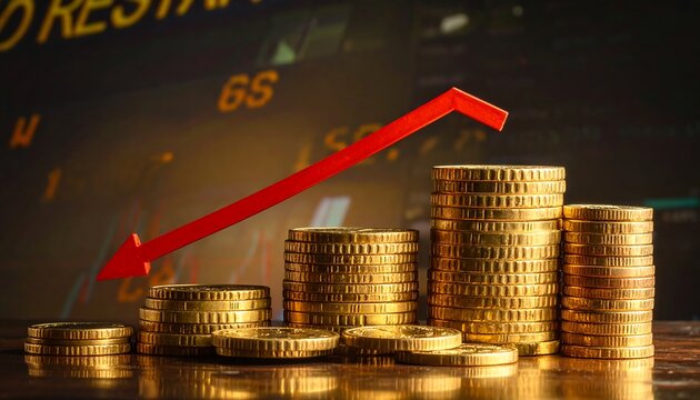 Stacks of golden coins represent declining financial market trends.