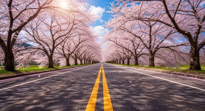 A Beautiful Road Lined With Cherry Blossom Trees in Full Bloom Under A Sunny Sky