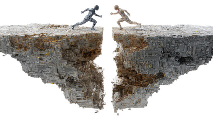 Two figures run across a fractured, floating island