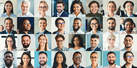 A diverse group of business professionals is seen in a modern office environment. The collage features men and women of various backgrounds, all smiling and engaging with one another.