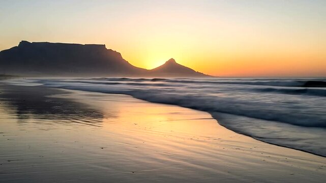 Majestic Table Mountain Cape Town South Africa at Sunset over the Ocean Waves