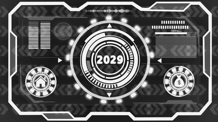 3d text animation 4k video. 2029 text with screen effects of technological failures. Concept of counting years. Past year technology concept on black background.