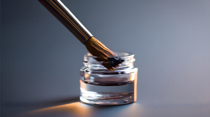 Paintbrush dipped in clear jar of paint, showcasing artistic tools and creative process