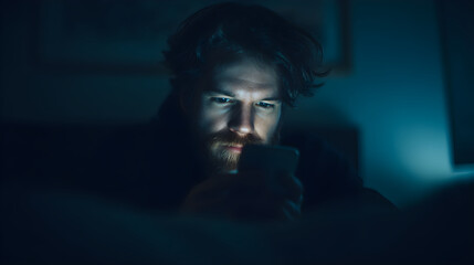 Man with beard using smartphone in dimly lit room, focused on screen at night
