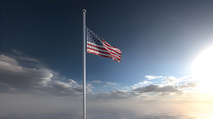 American flag waving in the wind against a dramatic sky with clouds and sunlight