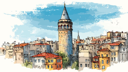 Historic Galata Tower Vector Drawing Cartoon - Detailed and Colorful Illustration for Design Projects