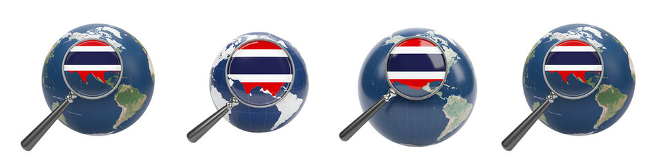 Naklejka premium Thailand Flag on Globe with Magnifying Glass On Transparent Background