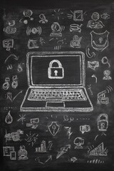 Laptop with a padlock illustration on a chalkboard background, surrounded by various digital security icons and symbols, representing cybersecurity and data protection concepts