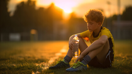Young boy sitting on grass field during sunset, holding water bottle after soccer practice