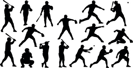 Baseball player silhouettes in dynamic action poses including batting, pitching, catching, running, and fielding on white background for sports design