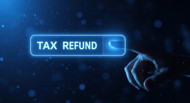 Tax Refund - Concept Illustration of a Finger Pressing a Glowing Blue Button for Tax Refund