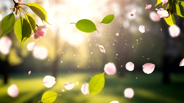 Delicate pink petals and vibrant leaves dance gently in a sun-drenched spring park.