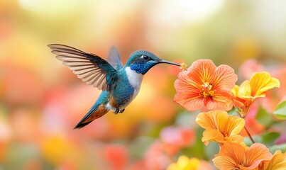 Fototapeta premium Vibrant hummingbird in a garden of orange and yellow flowers