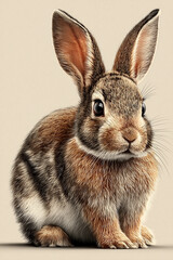 Obraz premium Realistic rabbit sitting with ears up, fluffy fur, white background.