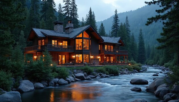 Luxury log cabin with illuminated windows sits beside rushing mountain river surrounded by dense evergreen forest. Warm light spills from interior spaces onto deck, grounds. Scene evokes peaceful,