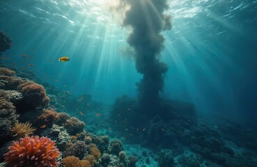 Vibrant underwater coral reef with various colorful fish swims. Sunlight penetrates clear blue ocean water above. Dark pollution plume rises from sea floor. Shows marine eco damage, ocean crisis,