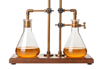 Vintage laboratory apparatus with copper pipes, flasks and amber liquid, isolated on white background for scientific or decorative use