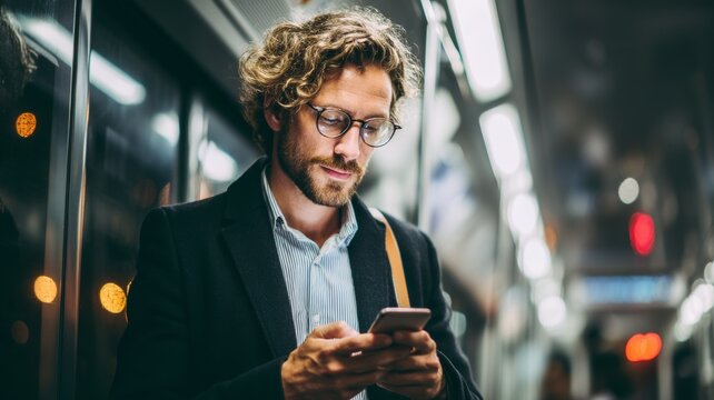 Stylish man with curly hair and glasses is using a smartphone while commuting on a subway train, surrounded by modern interior and ambient lighting, showcasing urban lifestyle