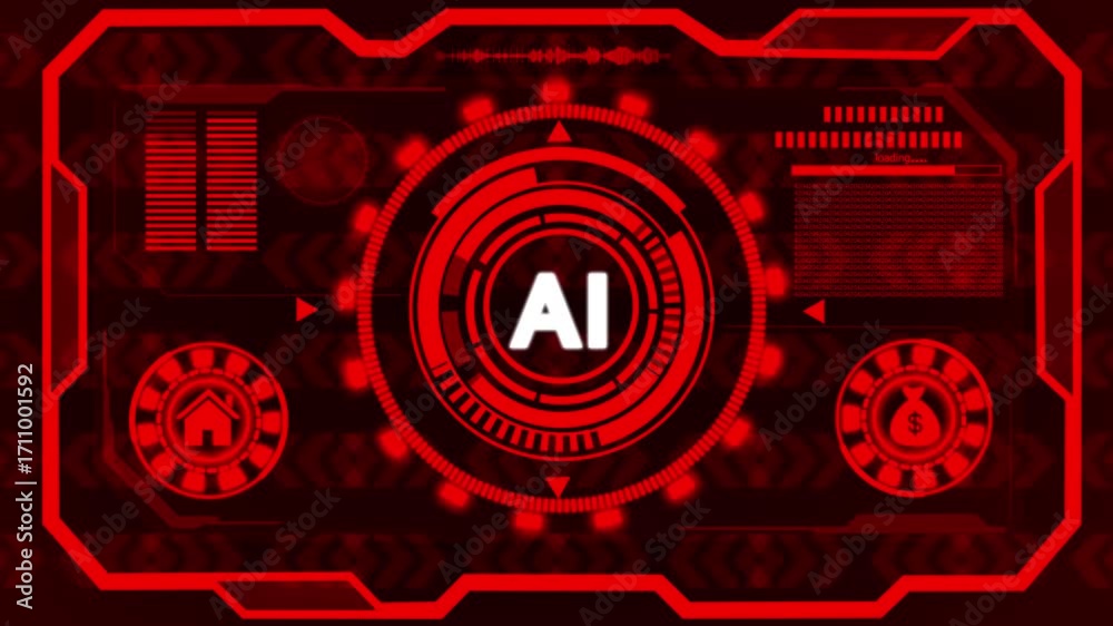 Wall mural glowing pink neon circle with ai text against red digital data background artificial intelligence te