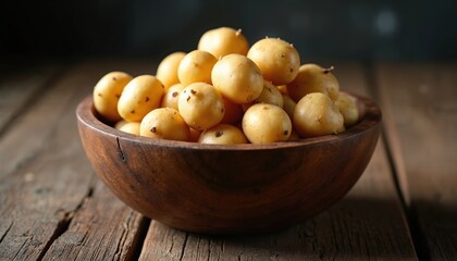 Small yellow potatoes sit in a wooden bowl on a rustic table. The fresh root vegetables are raw and unpeeled. This healthy produce is ready for cooking in a kitchen.