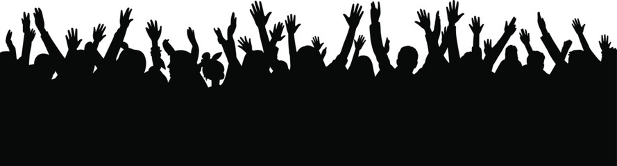 Silhouette of cheering crowd with raised hands at concert, festival, celebration, music event, party, audience, excitement, energy, unity illustration