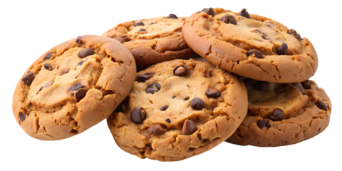 Heap of yummy chocolate chip cookies isolated on transparent background, a delightful and satisfying snack that is perfect for sharing with family