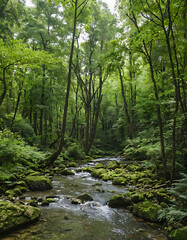 Obraz premium Serene forest stream flows gently over moss-covered rocks, lush green trees creating a tranquil, natural sanctuary