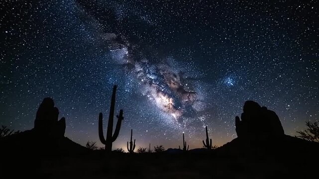 Time lapse photo of the Milky Way galaxy shining brightly in a starry night sky over a desert landscape with silhouetted cacti and rock formations.